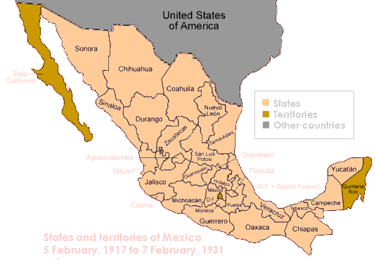 Map of Mexico, 1917-1931, its states and territories