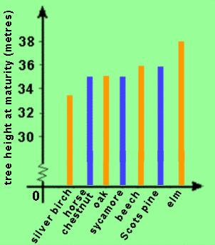 Bar graph with zigzag indicating interrupted y-axis. (Metres are sometimes known as meters.)